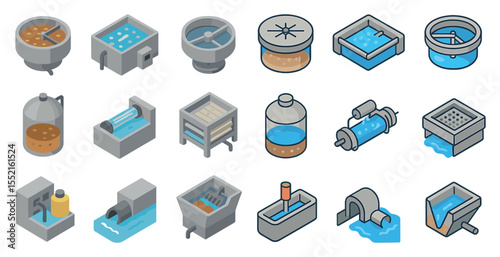 Water purification isometric icons set – treatment, filtration, clean water symbols