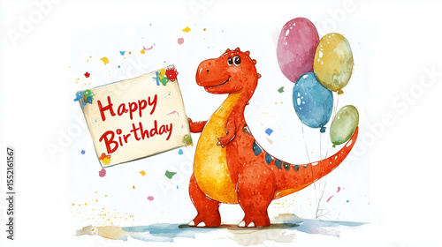 flat watercolor style illustration, attractive for children, cute dino holding a signboard with text 