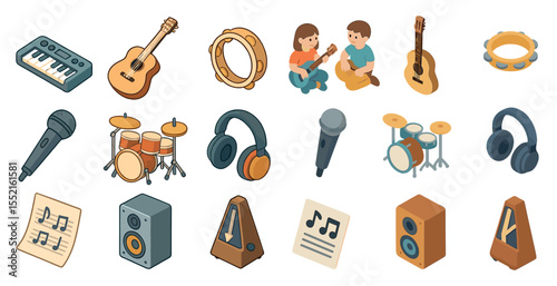 Music and instruments icons set – isometric, filled, audio and sound symbols