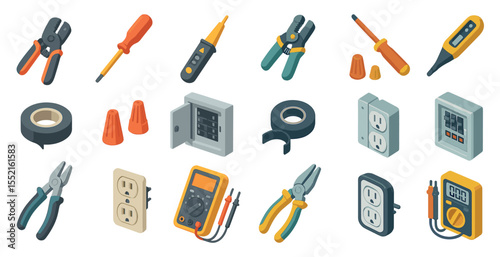 Electrician tools icons set – isometric, repair, electrical equipment graphics