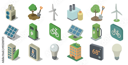Eco-friendly isometric icons set – green, renewable energy, sustainability symbols