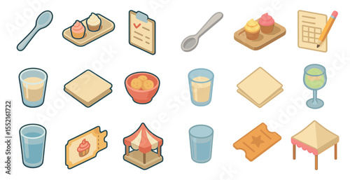 Culinary and kitchen icons set in isometric style – food, drink, cooking symbols