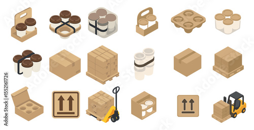 Coffee transportation isometric icons set – delivery, packaging, logistics symbols