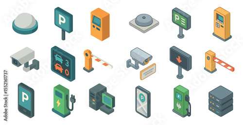 Parking facilities isometric icons set – 3d, transportation, security symbols