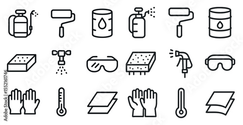 Cleaning tools outline icons set – linear, sanitation, maintenance symbols