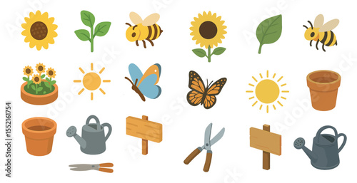 Gardening and nature icons set – flat, filled, plant and garden tools symbols
