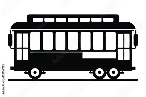 Silhouette of a Vintage Trolley Car with Windows and Wheels on Track