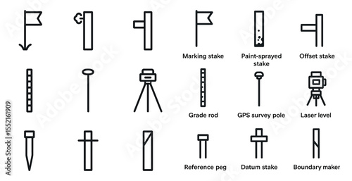 Surveying and mapping outline icons set – linear, simple, gps tools and stakes