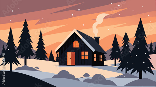 Vector art of a cozy wooden cabin sits in a snowy forest at sunset