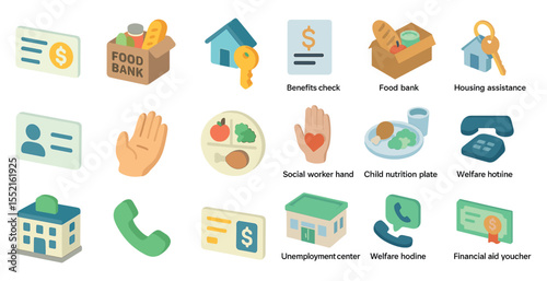 Welfare and assistance icons set – flat, solid, support and aid graphics