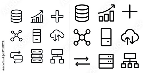 Technology and networking outline icons set – linear, vector, data and cloud symbols