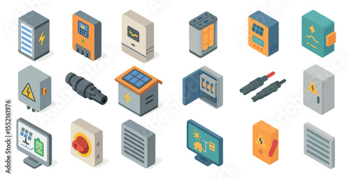 Electricity and power icons set – isometric, energy, utilities symbols collection