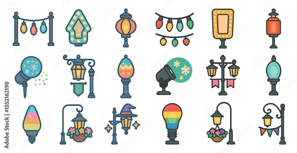 Fototapeta premium Outdoor decorations linear icons set – festive, holiday, lamp and garden symbols