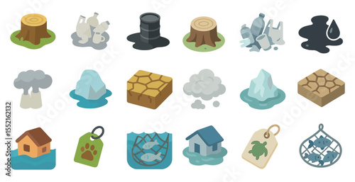 Environment and pollution isometric icons set – waste, recycling, eco symbols