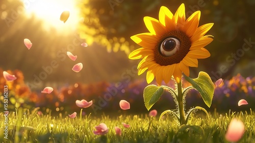 Sunflower with an eyeball center gazing at the sun in a glowing meadow with floating petals