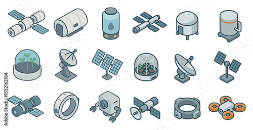 Space exploration isometric icons set – satellite, technology, cosmic symbols