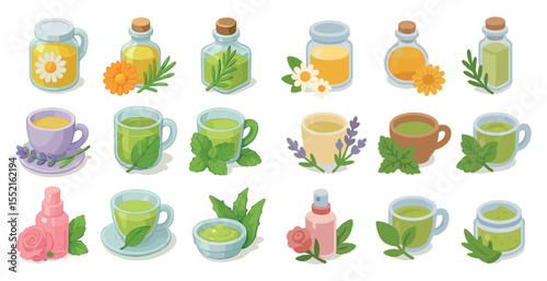 Herbal remedies isometric icons set – holistic, natural, alternative medicine imagery
