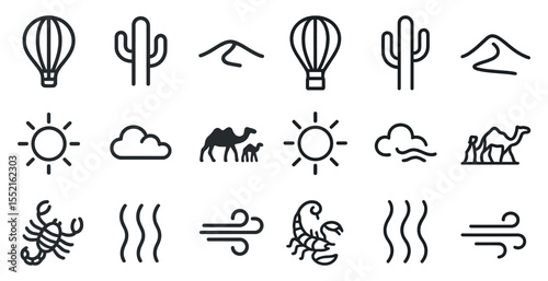 Desert adventure outline icons set – travel, arid landscape, exploration symbols
