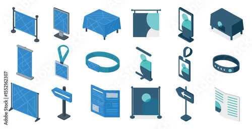 Exhibition and event isometric icons set – trade show, booth, conference symbols