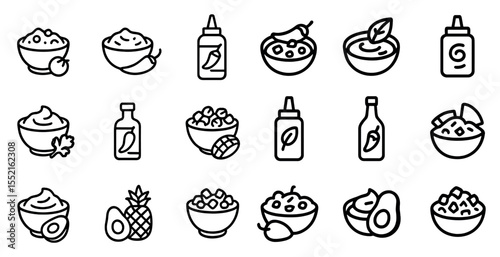 Mexican food outline icons set – spicy, condiment, salsa and guacamole symbols