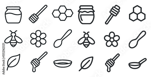 Honey and beekeeping linear icons set – outline, sweet, nature symbols