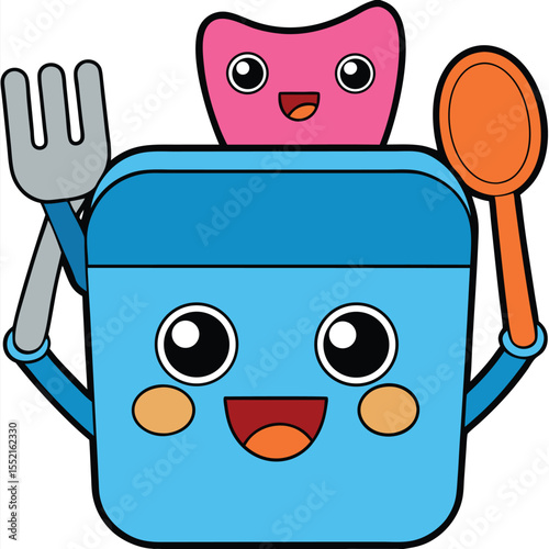 Cute cartoon cooking pot with cheerful face and kitchen utensils