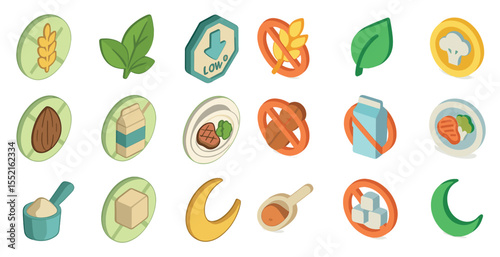 Food allergens isometric icons set – allergy, dietary, warning symbols included