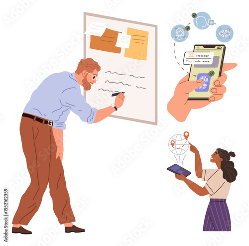 Man writing tasks on board, hand holding phone with secure message, woman analyzing digital map. Ideal for teamwork, planning, communication, cybersecurity, navigation strategy creativity. Simple