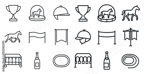 Equestrian championship outline icons set – linear, solid, horse riding symbols