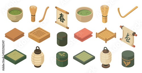 Japanese culture icons set – isometric, traditional, tea ceremony symbols