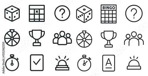 Board game outline icons set – flat, linear, dice and gaming symbols collection