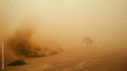 An intense dust storm engulfs the arid landscape, sending up towering walls of thick, turbulent sand and dust that swirl upward