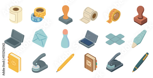 Office supplies isometric icons set – stationery, work tools and desk essentials