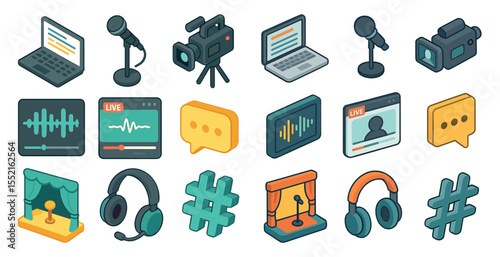Podcast and streaming isometric icons set – 3d, multimedia, audio visual symbols