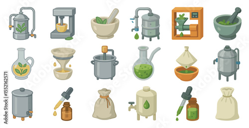 Herbal oil extraction icons set – flat, filled, distillation and plant processing graphics
