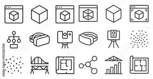 Vr and technology outline icons set – line, linear, digital and future symbols