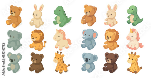 Animal toys isometric icons set – flat, plush, cute children's play figures