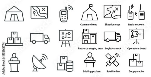 Military operations line icons set – command, strategy, warfare visuals