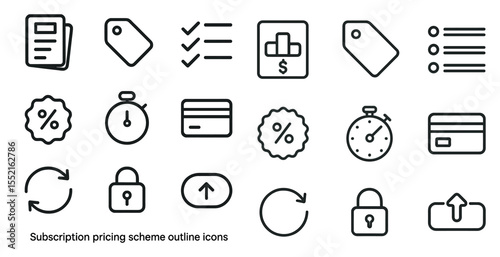 Subscription pricing scheme icons set – outline, linear, financial and payment symbols