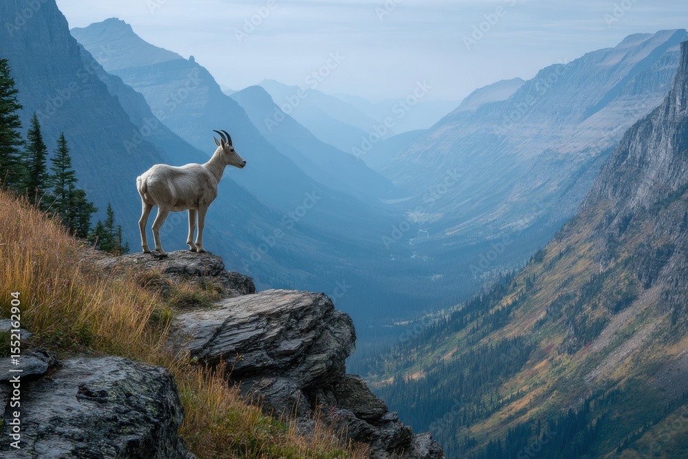 Fototapeta premium A mountain goat gazes into a vast valley filled with mountains and trees under a soft morning sky, capturing the serenity of nature