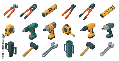 Construction and tools isometric icons set – 3d, building, maintenance symbols