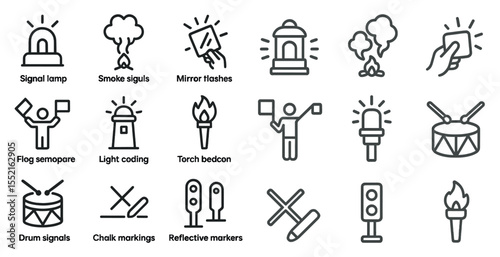 Signal and communication line icons set – outline, navigation, semaphore symbols