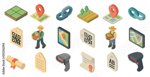 Location and navigation isometric icons set – map, gps, direction symbols