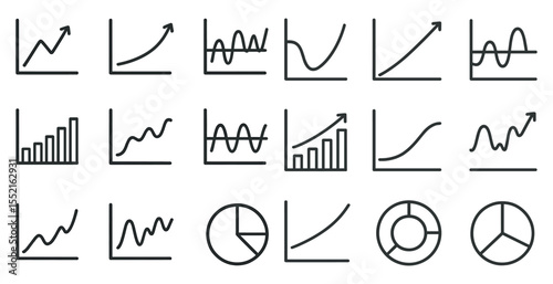 Analytical data and graph line icons set – linear, outline, chart visualization
