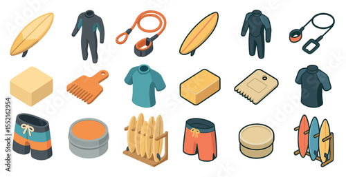 Surfing and beach isometric icons set – aquatic, ocean, summer activity graphics