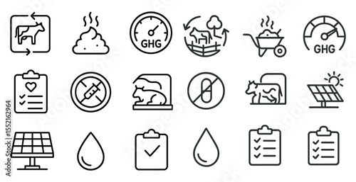 Livestock and farming outline icons set – line, agriculture, and ranch symbols