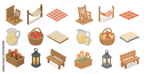Garden furniture isometric icons set – patio, outdoor, cozy home elements