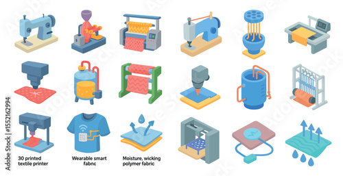 Textile manufacturing isometric icons set – 3d, fabric, industrial machinery visuals