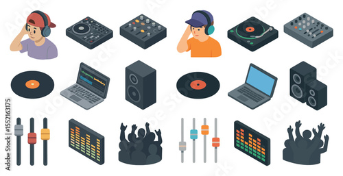 Dj and music equipment isometric icons set – party, sound system, audio visuals