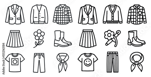Fashion and clothing outline icons set – linear, style, wardrobe and apparel symbols